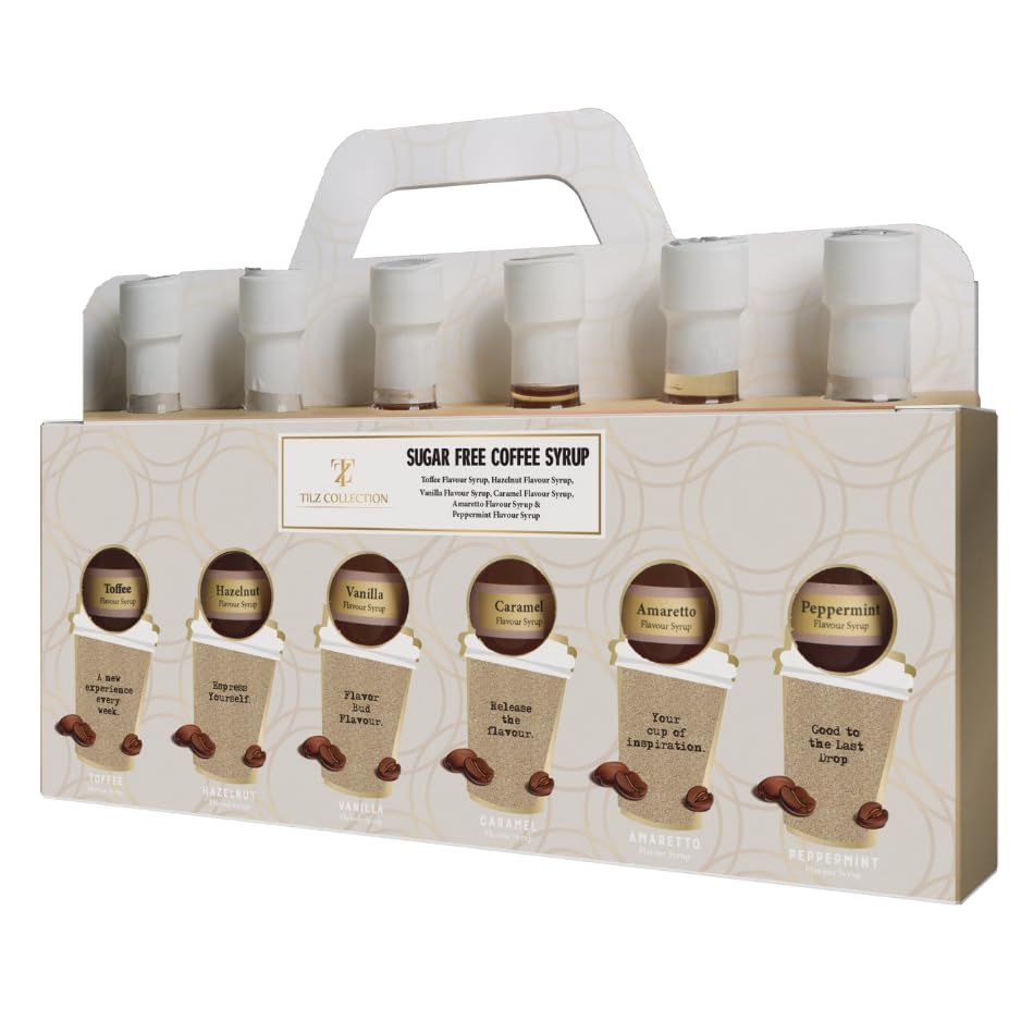 Tilz, Sugar Free Coffee Syrups Gift Set -Premium Sugar Free Syrup, Cocktail Gift Sets -Caramel coffee syrup, Vanilla syrup, Hazelnut, Amaretto, Toffee, Peppermint, For Coffees, Hot Chocolate, Frappes