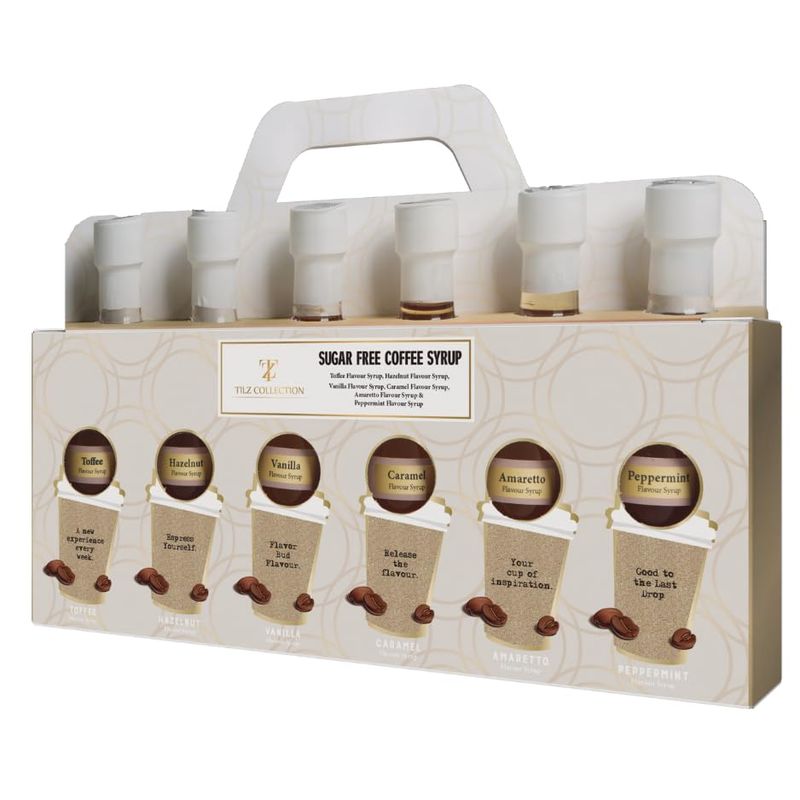 Tilz, Sugar Free Coffee Syrups Gift Set -Premium Sugar Free Syrup, Cocktail Gift Sets -Caramel coffee syrup, Vanilla syrup, Hazelnut, Amaretto, Toffee, Peppermint, For Coffees, Hot Chocolate, Frappes