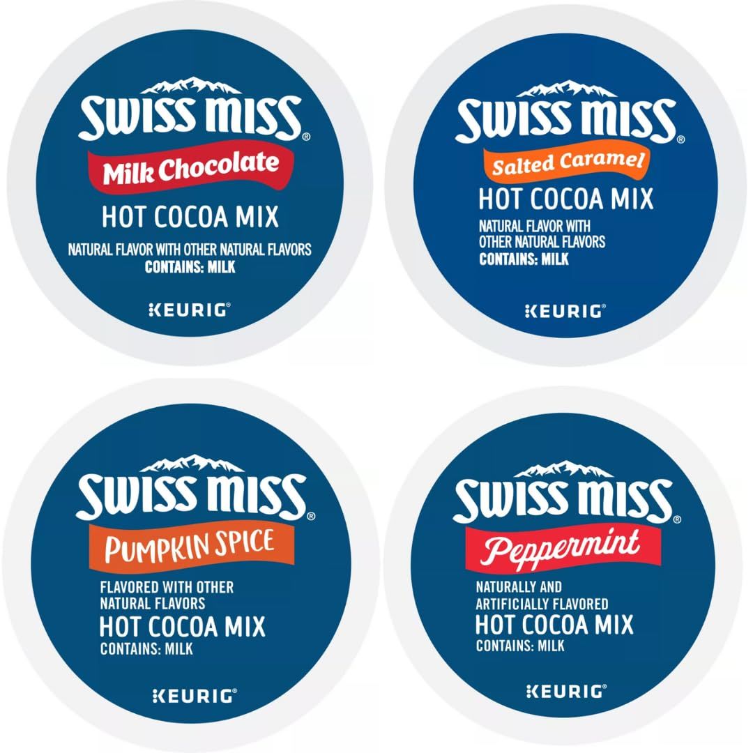 Swiss Miss Hot Chocolate K-Cups Variety Pack Sampler. All the Top Cocoa Flavors in One Box. Includes Milk Chocolate, Peppermint, Salted Caramel, and Pumpkin Spice. 24 Count