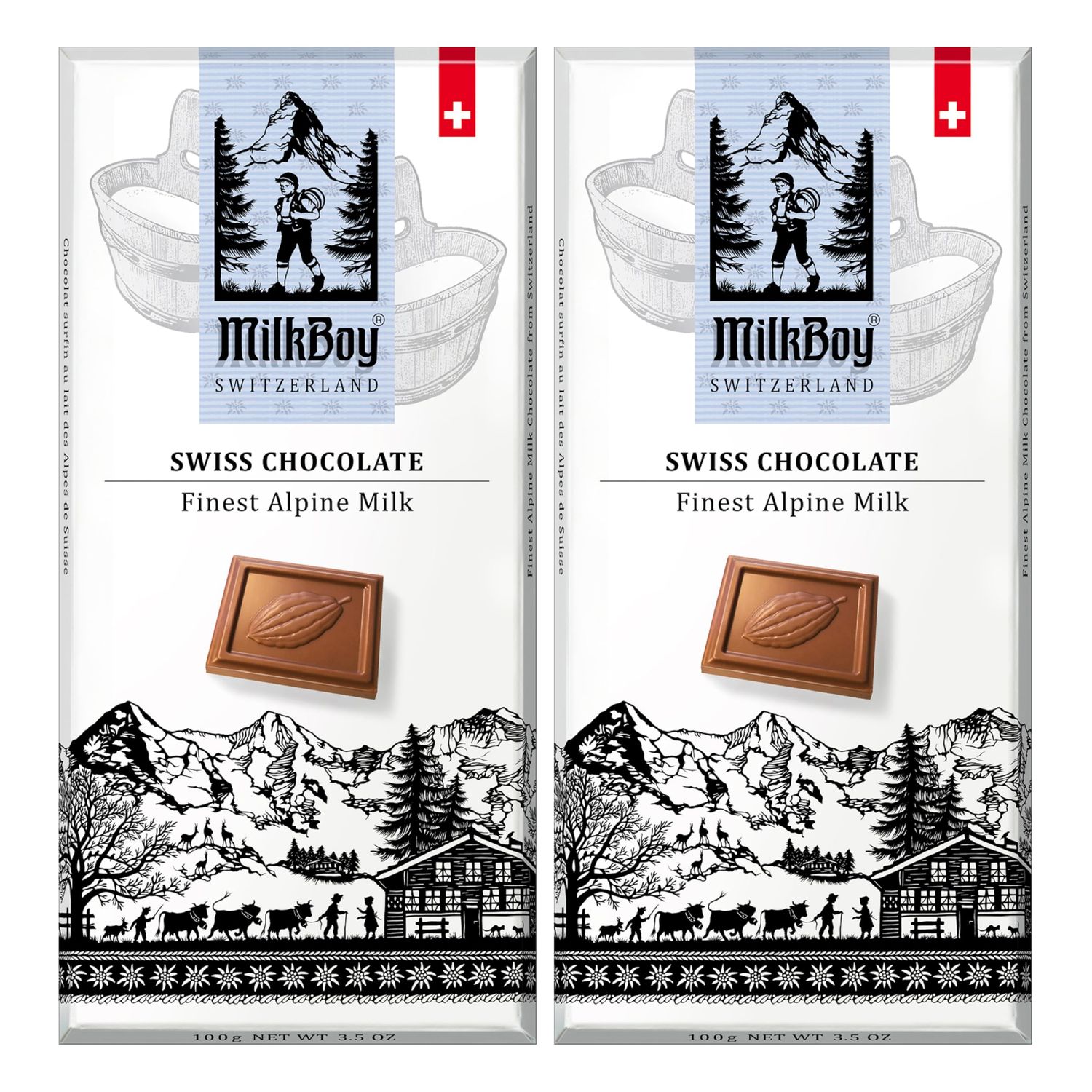 Milkboy Swiss Chocolate Bars - Premium Swiss Alpine Milk Chocolate - Smooth European Milk Chocolates Gift - Sustainably Farmed Cocoa - Gluten Free - 3.5 oz - 2 Pack