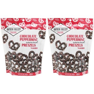 Hayden Valley Foods Peppermint Chocolate Covered Pretzels - 5 oz (Pack of 2) - Gourmet Naturally Flavored Pretzel