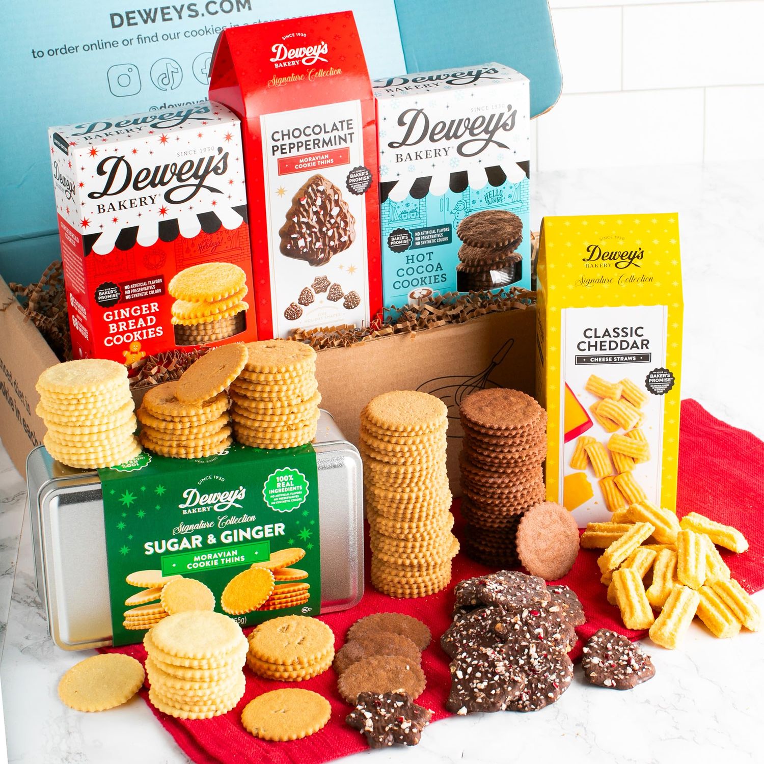 Merry &amp; Bright Gift Basket by Dewey&#39;s Bakery | Moravian Cookies and Gift Tin, Chocolate Peppermint Cookies and Cheddar Cheese Straws | Holiday Gift Basket | 5-Piece