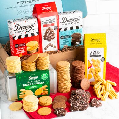 Merry &amp; Bright Gift Basket by Dewey&#39;s Bakery | Moravian Cookies and Gift Tin, Chocolate Peppermint Cookies and Cheddar Cheese Straws | Holiday Gift Basket | 5-Piece