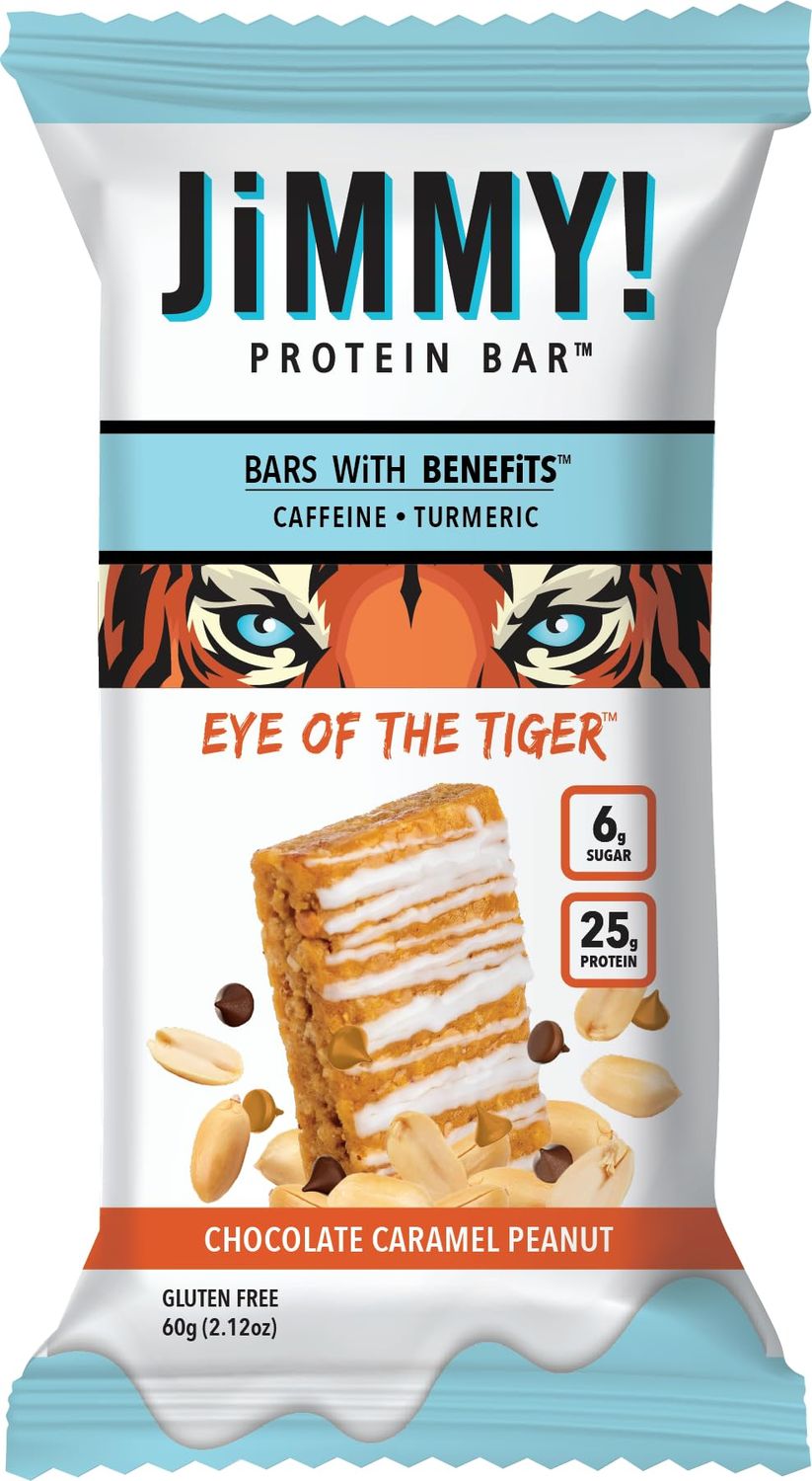 JiMMY&#39;S! Functional Protein Bar - Caramel Chocolate Nut - Eye of the Tiger - 12 Count - High Performance Protein Bar with Caffeine and Turmeric - Low Sugar, 25g of Protein
