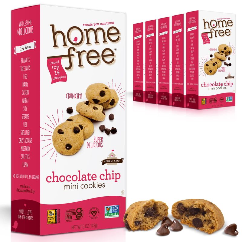 Homefree Mini Chocolate Chip Cookies, Gluten Free, Nut Free, Vegan, School Safe and Allergy Friendly Snack, 5 oz. Box (Pack of 6)