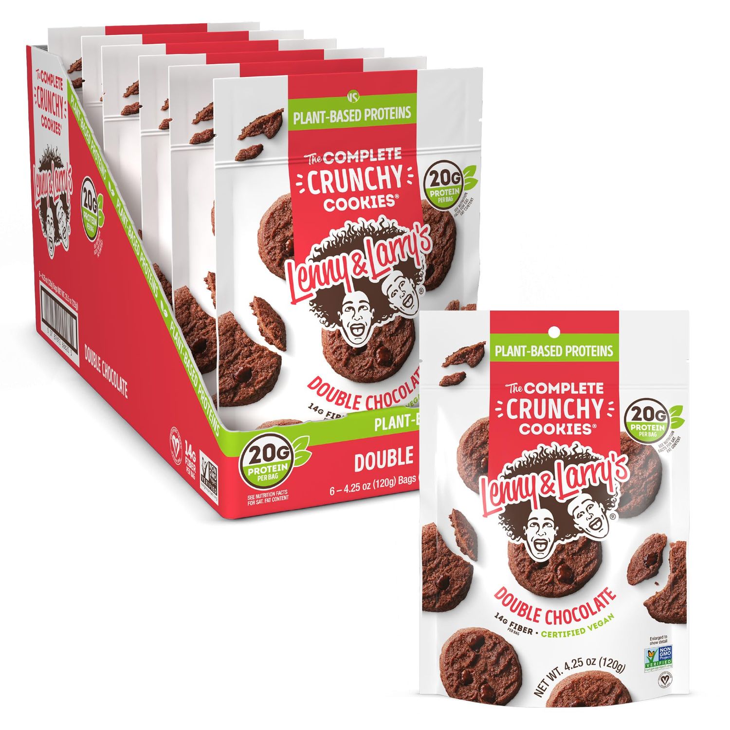 Lenny &amp; Larry&#39;s The Complete Crunchy Cookie, Double Chocolate, 6g Plant Protein, Vegan, Non-GMO, 4.25 Ounce Pouch (Pack of 6)