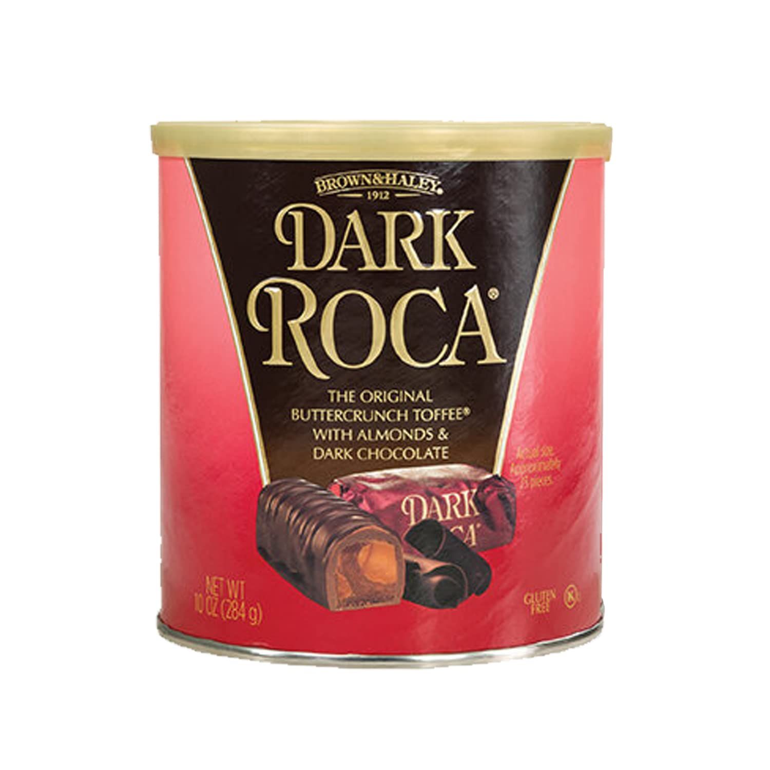 Brown &amp; Haley Almond DARK ROCA Canister, Individually Wrapped Dark Chocolate Candy, Buttercrunch Toffee with Almonds Covered in Dark Chocolate, 10 Ounces (Pack of 1)