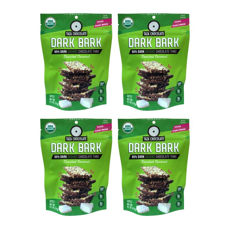 Taza Chocolate Organic Stone Ground 80% Dark Bark Snacking Thins, Toasted Coconut, 4.2 Ounce (Pack of 4)