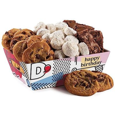 Davids Cookies Happy Birthday Cookies Gift Basket - Deliciously Flavored Assorted Cookies in a Lovely Gift Crate - Gourmet Chocolate Chip Cookies, Butter Pecan Meltaways, Choco Chip Brownies
