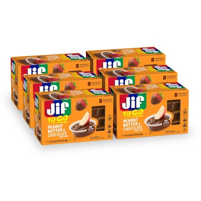 Jif Peanut Butter &amp; Chocolate To Go, 8 Count Cups (Pack of 6), Less Sugar, Thick &amp; Creamy Texture