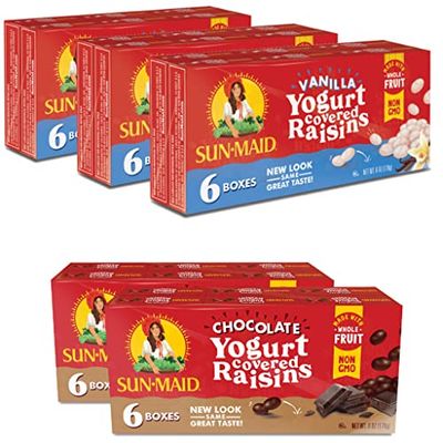 Sun-Maid  Yogurt Raisins Variety Pack (Pack Of 30), Vanilla (Pack Of 18), Chocolate (Pack Of 12), Dried Fruit, Non-GMO, Healthy Lunch Box Snack