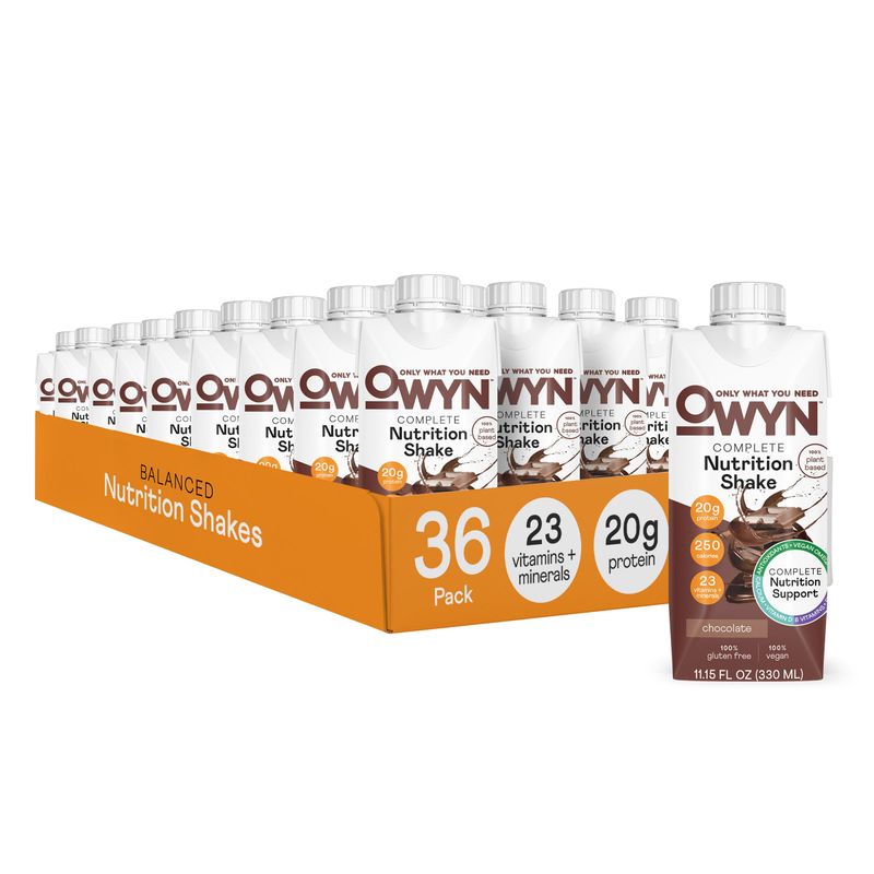 OWYN Only What You Need Vegan Complete Nutrition Protein Shake, 20g plant based protein, 23 Vitamins Minerals, Nutritional Shake, Gluten, Soy, and Tree Nut-Free (Chocolate, 36 pack)