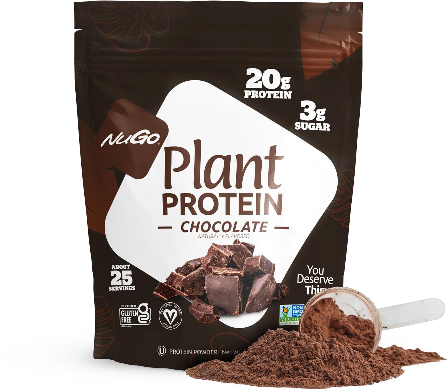 NuGo Plant Protein Powder, Chocolate, 20g Vegan Pea Protein, Low Sugar, Gluten Free, Dairy Free Ingredients, Soy Free, Non-GMO, Plant Based, Kosher, For Smoothies &amp; Shakes, 25 Servings
