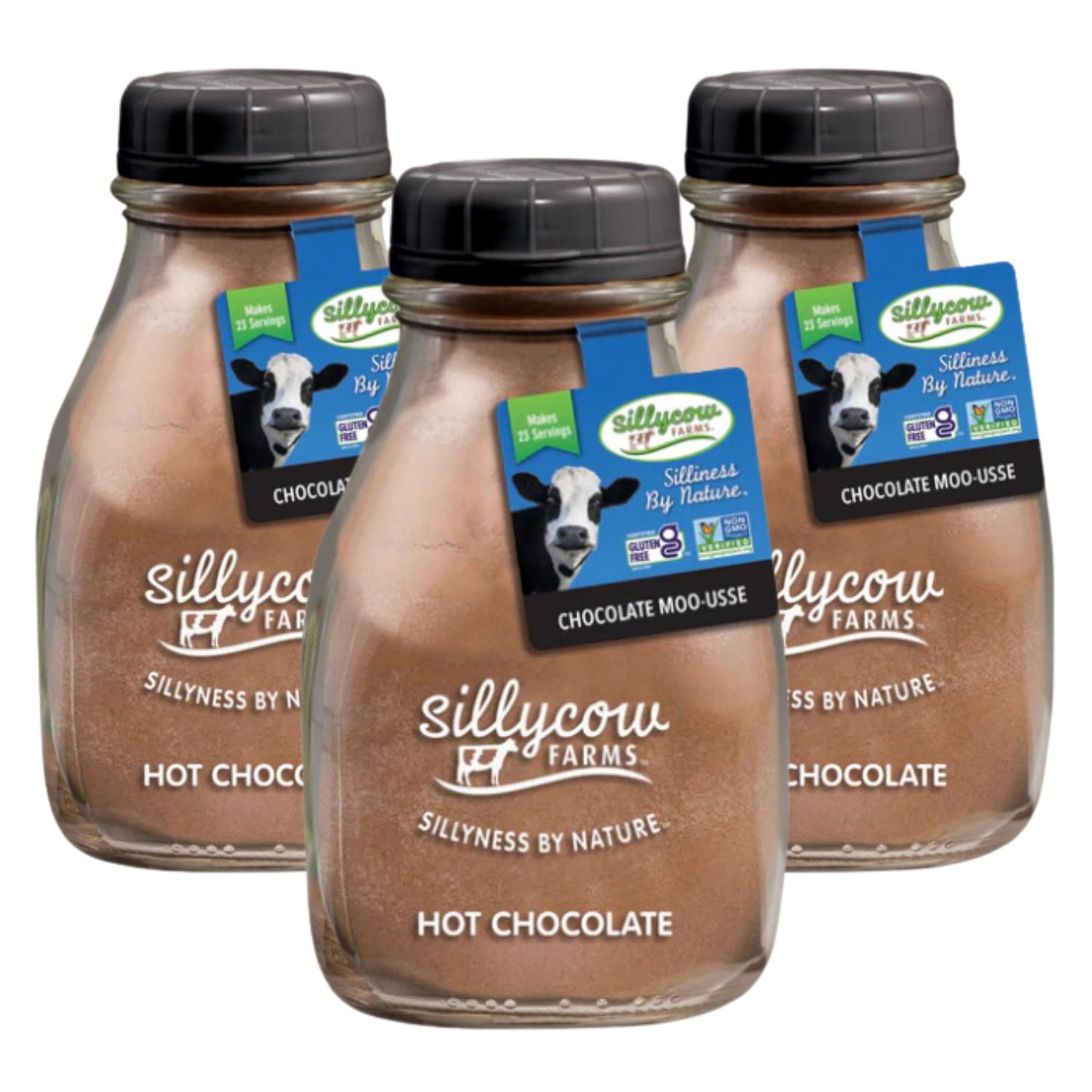 Silly Cow Farms Hot Chocolate Moo usse Mix Rich Chocolate Delight Gluten Free, Non GMO Dairy Free Indulgence with Pure Cocoa &amp; Vanilla Flavor - Reusable Packaging - 16.9 oz Glass Bottle - Pack of 3