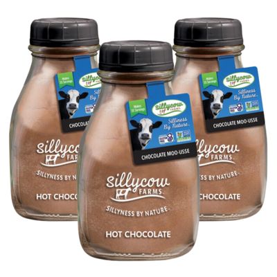 Silly Cow Farms Hot Chocolate Moo usse Mix Rich Chocolate Delight Gluten Free, Non GMO Dairy Free Indulgence with Pure Cocoa &amp; Vanilla Flavor - Reusable Packaging - 16.9 oz Glass Bottle - Pack of 3
