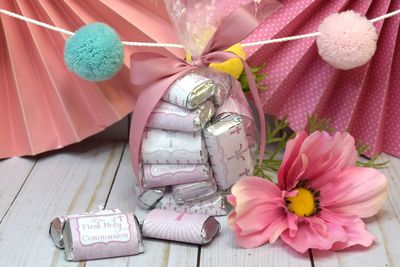 First Holy Communion Mini Chocolate Candy Bar Sticker Wrappers for Girls, 45 1.4 x 2.6 Wrap Around Labels by AmandaCreation, Great for Party Favors