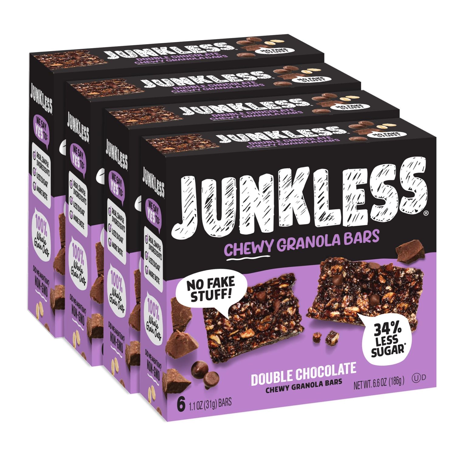 Junkless Double Chocolate Chewy Granola Bars - Less Sugar, Great Tasting, Wholesome Snacks - 1.1 oz. Bars, 4 Boxes