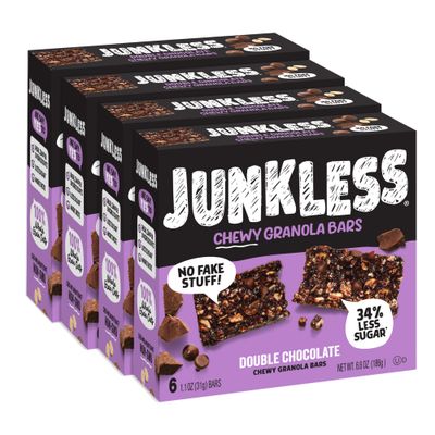 Junkless Double Chocolate Chewy Granola Bars - Less Sugar, Great Tasting, Wholesome Snacks - 1.1 oz. Bars, 4 Boxes