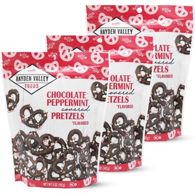 Hayden Valley Foods Chocolate Peppermint Covered Pretzels - 5 oz Bags (Pack of 3) - No Artificial Flavors, Preservatives or Colors - Sweet Holiday Snack