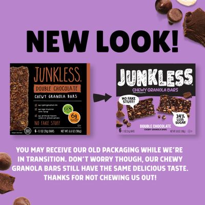 Junkless Double Chocolate Chewy Granola Bars - Less Sugar, Great Tasting, Wholesome Snacks - 1.1 oz. Bars, 4 Boxes
