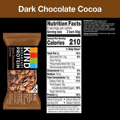 KIND Breakfast, Healthy Snack Bar, Dark Chocolate Cocoa, Gluten Free Breakfast Bars, 8g Protein, 1.76 OZ Packs (30 Count)