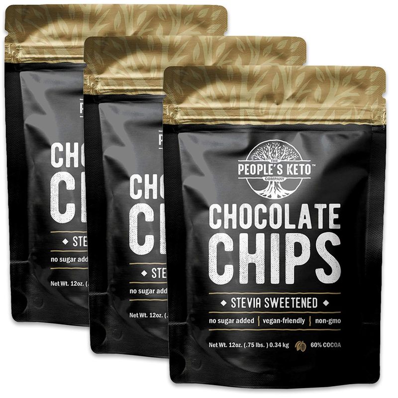 Sugar Free Large Chocolate Chips, Stevia Sweetened, 12 oz. Value Size, Non-GMO, Vegan, Keto, Low Carb, 60% Cocoa, All Natural, Baking Chips, Gluten Free, No Sugar Added, The People&#39;s Keto Company (3 P