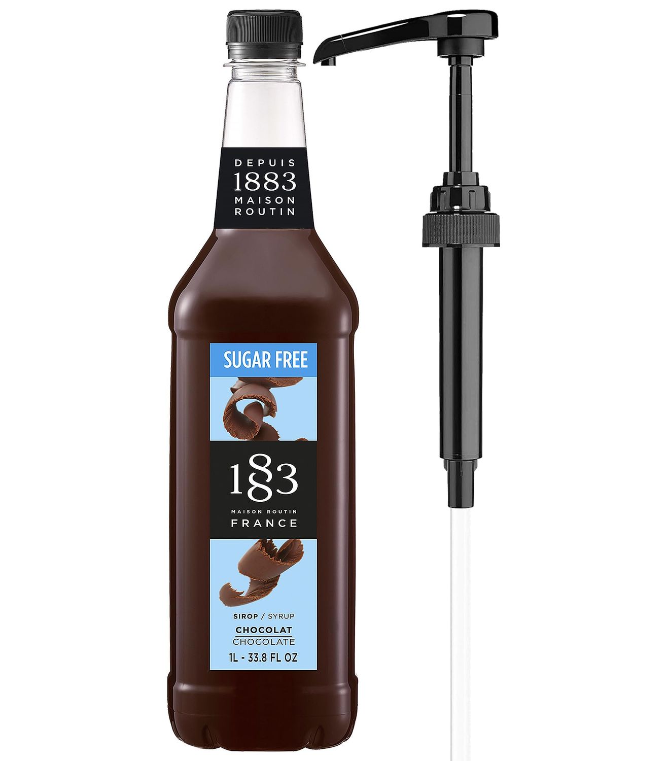 1883 Sugar Free Chocolate Syrup with Pump for Hot &amp; Cold Drinks - 1 Liter 33.8 Ounces