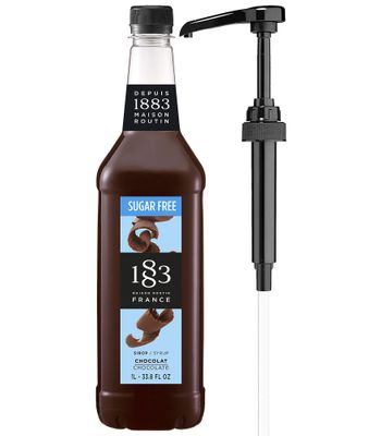1883 Sugar Free Chocolate Syrup with Pump for Hot &amp; Cold Drinks - 1 Liter 33.8 Ounces