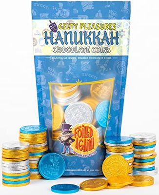 Foiled Again! Chocolate Hanukkah Gelt - Belgian Chocolate Coins - Assorted Hanukkah Designs - Sealed, Resealable Bag - Kosher OUD - 1 pound (Milk chocolate)