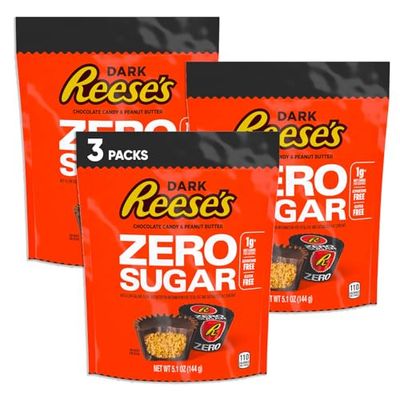 Reeces Zero Sugar Dark Miniatures Chocolate Peanut Butter Cups Candy, 3 Packs (5.1oz Each), Smooth Peanut Butter, Rich Dark Chocolate Candy, Sugar Free Bite Sized Treats, Perfect for Halloween