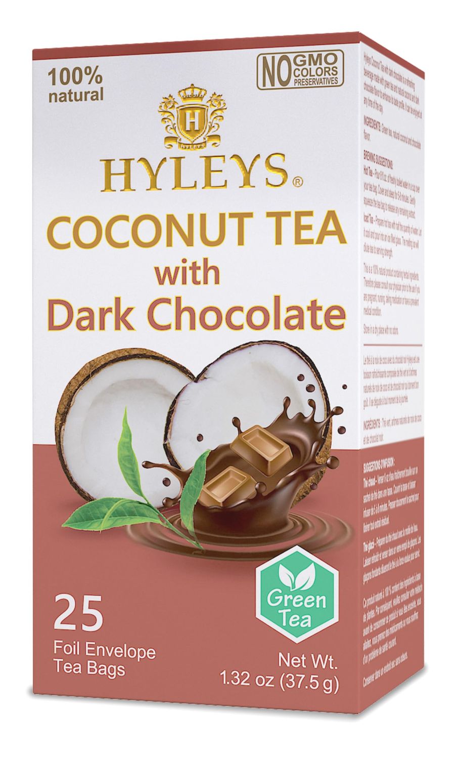 Hyleys Wellness Natural Coconut Tea With Dark Chocolate - 25 Tea Bags (Gmo Free, Gluten Free, Dairy Free, Sugar Free &amp; 100% Natural)