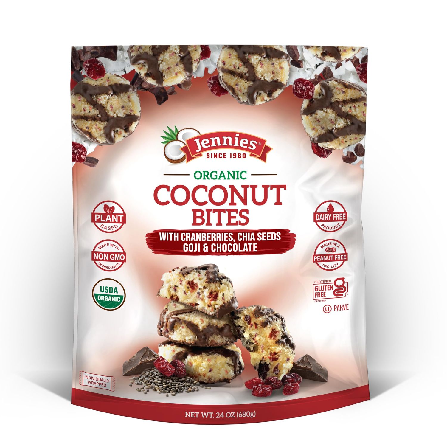 Jennies Organic Coconut Bites with Cranberries, Goji, Chia Seeds, &amp; Chocolate 24oz | Gluten Free | Peanut Free | Dairy Free | Individually Wrapped