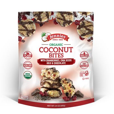 Jennies Organic Coconut Bites with Cranberries, Goji, Chia Seeds, &amp; Chocolate 24oz | Gluten Free | Peanut Free | Dairy Free | Individually Wrapped