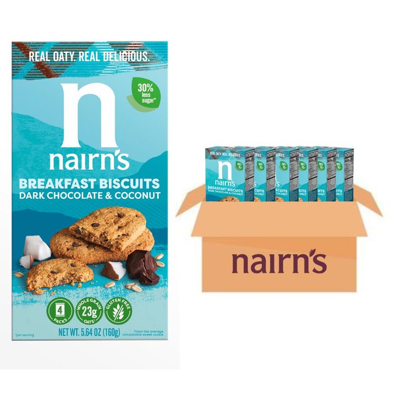 Nairn's Gluten-Free Chocolate &amp; Coconut Breakfast Biscuits - Healthy, Tasty, High Fiber, Non-GMO, No Artificial Colors, Flavors, or Preservatives, Safe for Celiacs, 5.64oz (Pack of 6)