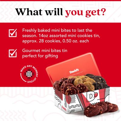 David's Cookies Fresh-Baked Sweet Sampler Mini Bites Tin - 14oz Assorted Mini Cookies with Chocolate Chip, Chocolate & White Chocolate Chip & Red Velvet - Delicious Gourmet Gift For All Occasions