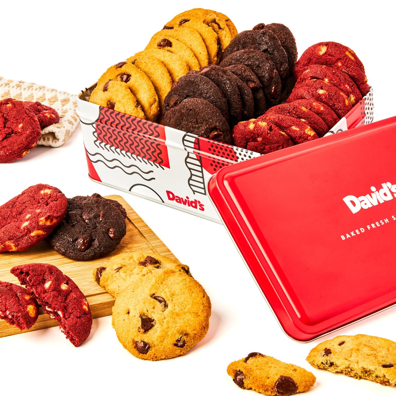 David&#39;s Cookies Fresh-Baked Sweet Sampler Mini Bites Tin - 14oz Assorted Mini Cookies with Chocolate Chip, Chocolate &amp; White Chocolate Chip &amp; Red Velvet - Delicious Gourmet Gift For All Occasions
