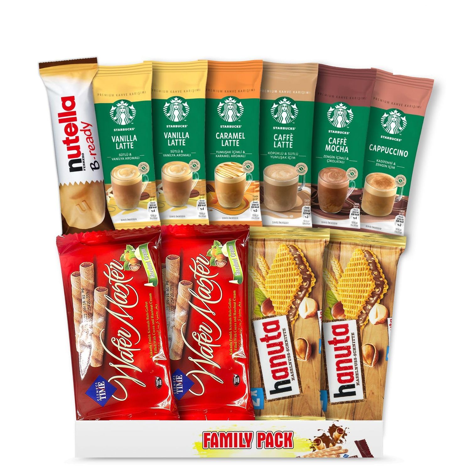CARIANS Coffee and Chocolate Deluxe Gift Set, Starbucks Cappucino, Mocha, Caramel Latte, Cafe Latte, Nutella Bar, Hanuta and Master Wafer, Perfect for Coffee &amp; Chocolate Lovers, 11 pc.