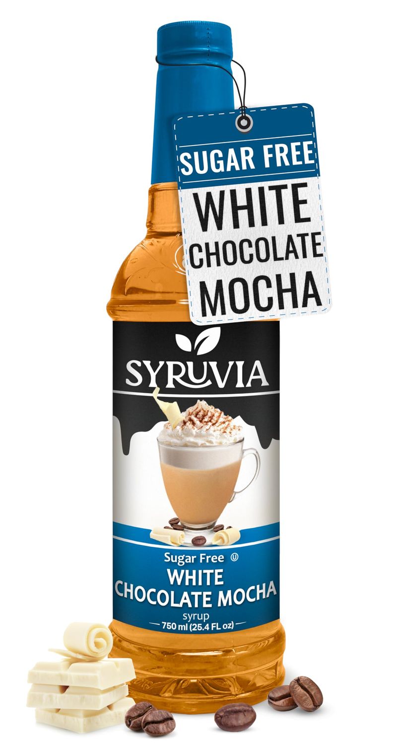 Syruvia Sugar-Free White Chocolate Mocha Coffee Syrup - 25.4 fl oz. Premium Coffee Flavoring Syrup. 0 Calories, Kosher, and Gluten-Free. Perfect for Drinks, Sodas, Shakes, Desserts, and More.