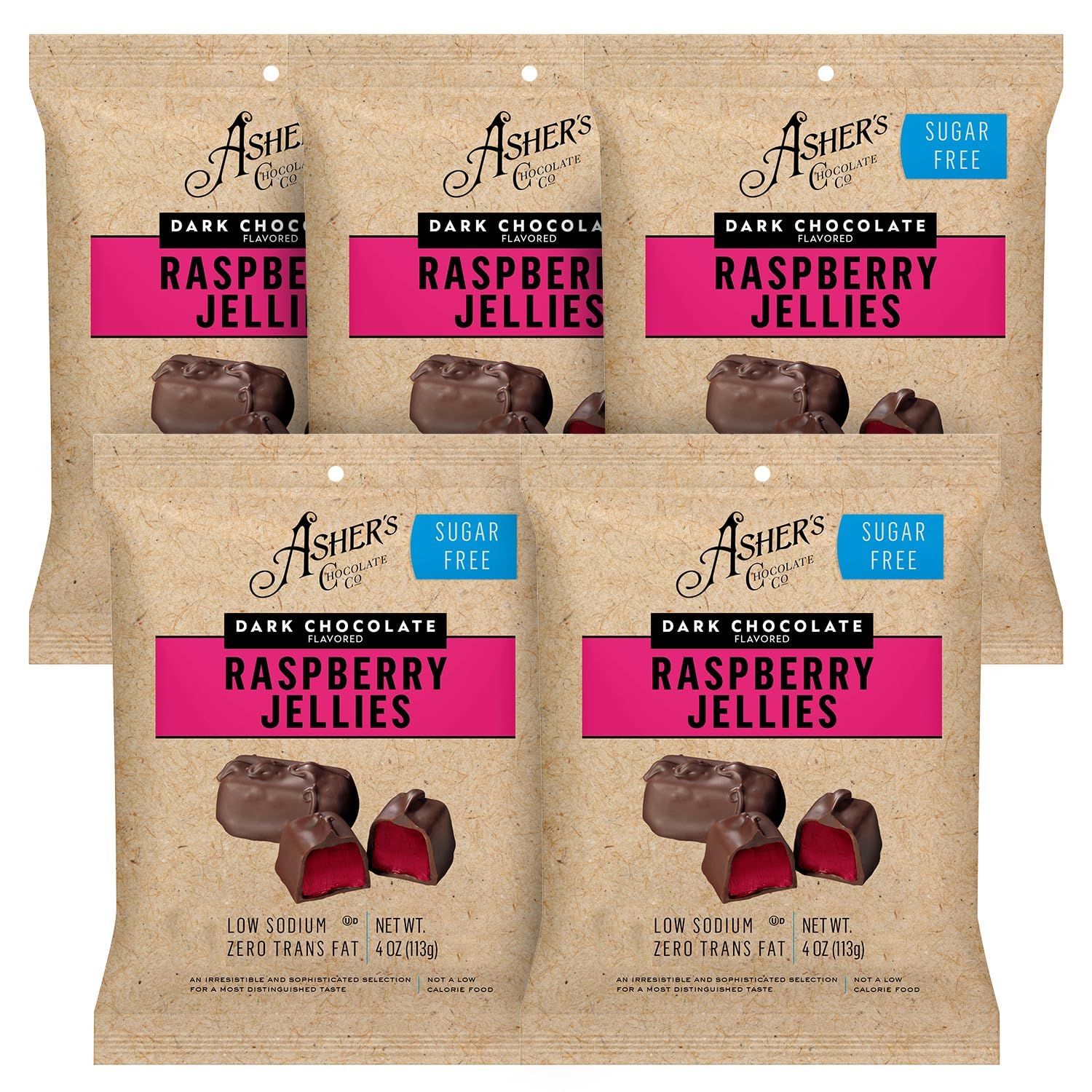 Asher&#39;s Chocolates, Sugar Free Dark Chocolate Raspberry Jellies, Diabetic Friendly Chocolate, Small Batches of Kosher Chocolate, Family Owned Since 1892 (5 Bags, Dark Chocolate Raspberry)
