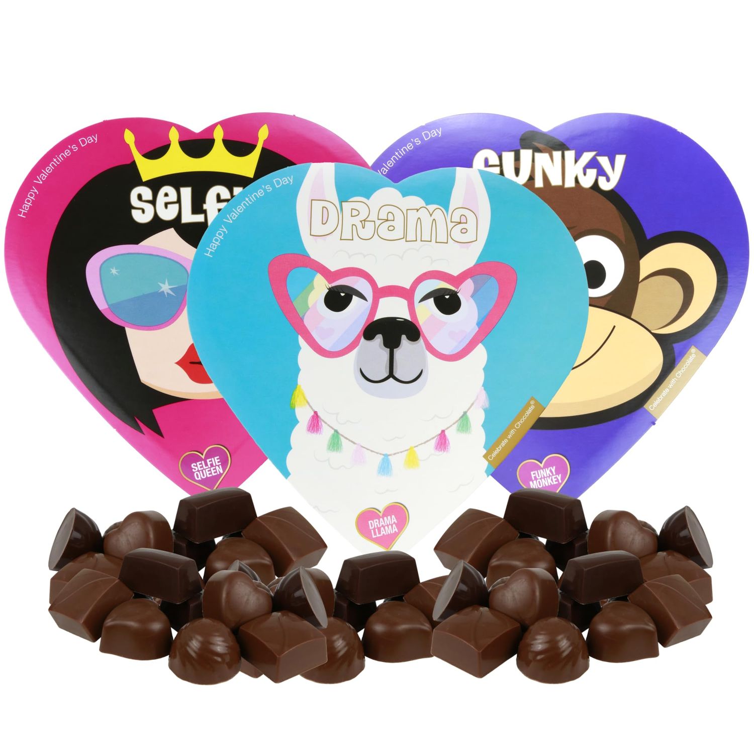 Valentines Day Candy Word Play Themed Heart Shaped Box Bundle, 3 Assortment of Chocolate Truffles, Funny Valentine Gifts for Boys and Girls, 2 Ounces, Styles May Vary