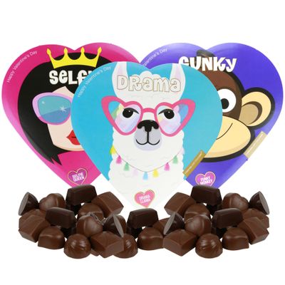 Valentines Day Candy Word Play Themed Heart Shaped Box Bundle, 3 Assortment of Chocolate Truffles, Funny Valentine Gifts for Boys and Girls, 2 Ounces, Styles May Vary