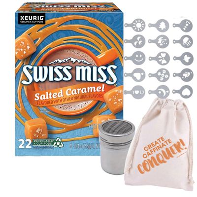 Hot Chocolate K Cups and Coffee Bar Accessories Bundle - with Pumpkin Cheesecake Caramel K cups Latte Mix and Seasonal Coffee Stencils and Sugar Shaker with Drawstring Bag for Storage