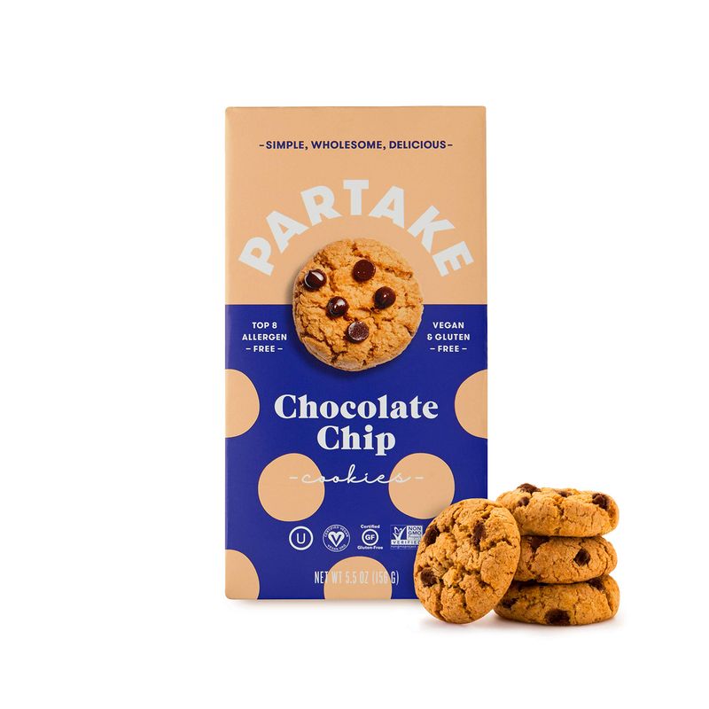 Partake Crunchy Cookies - Chocolate Chip | 4 Boxes | Vegan &amp; Gluten Free | Free of Top 8 Allergens- Dairy Free, Nut Free, Egg Free, Wheat Free, Soy Free, Fish Free | 5.5 Oz | 15 Cookies Each