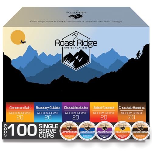 Roast Ridge Single Serve Coffee Pods for Keurig K-Cup Brewers, Variety Pack, Medium Roast, 100 Count (20 each: Blueberry Cobbler, Chocolate Hazelnut, Salted Caramel, Cinnamon Swirl, Chocolate Mocha)
