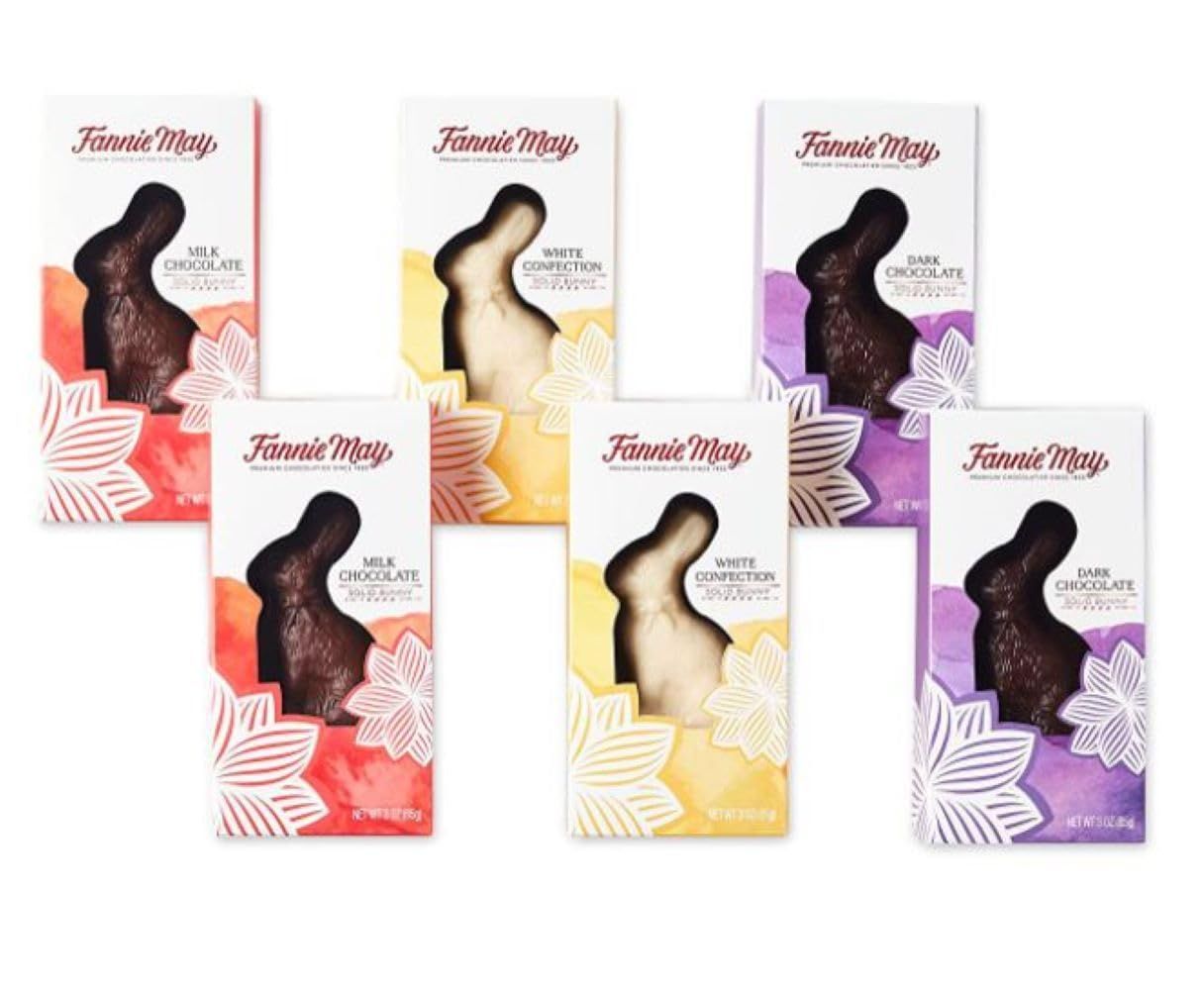 Fannie May, 6 Count Solid Assorted Dark Chocolate, Milk Chocolate and White Confection Bunnies, Easter Basket Stuffers, 3 oz Each