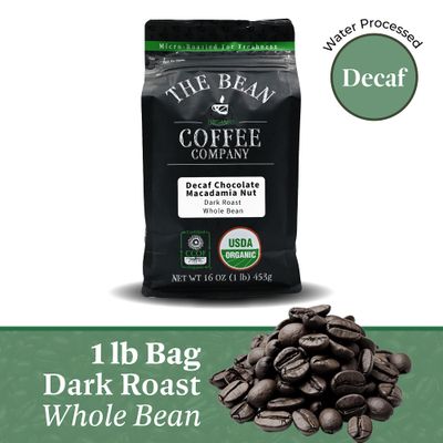 The Bean Organic Coffee Company Water Processed DECAF Chocolate Macadamia Nut, Medium Roast, Whole Bean Coffee, 16-Ounce Bag