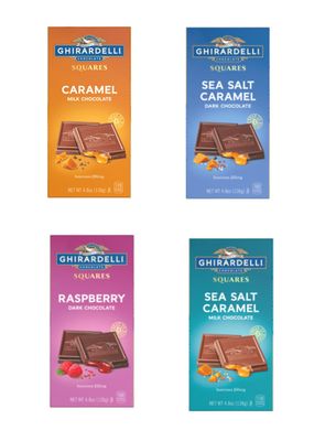 Ghirardelli Square Bar Variety Set 19.2 oz (One Caramel, One Sea Salt Caramel Milk, One Sea Salt Caramel Dark, and one Raspberry Dark Square Bar) - Pack of 4-4.8 oz Bars