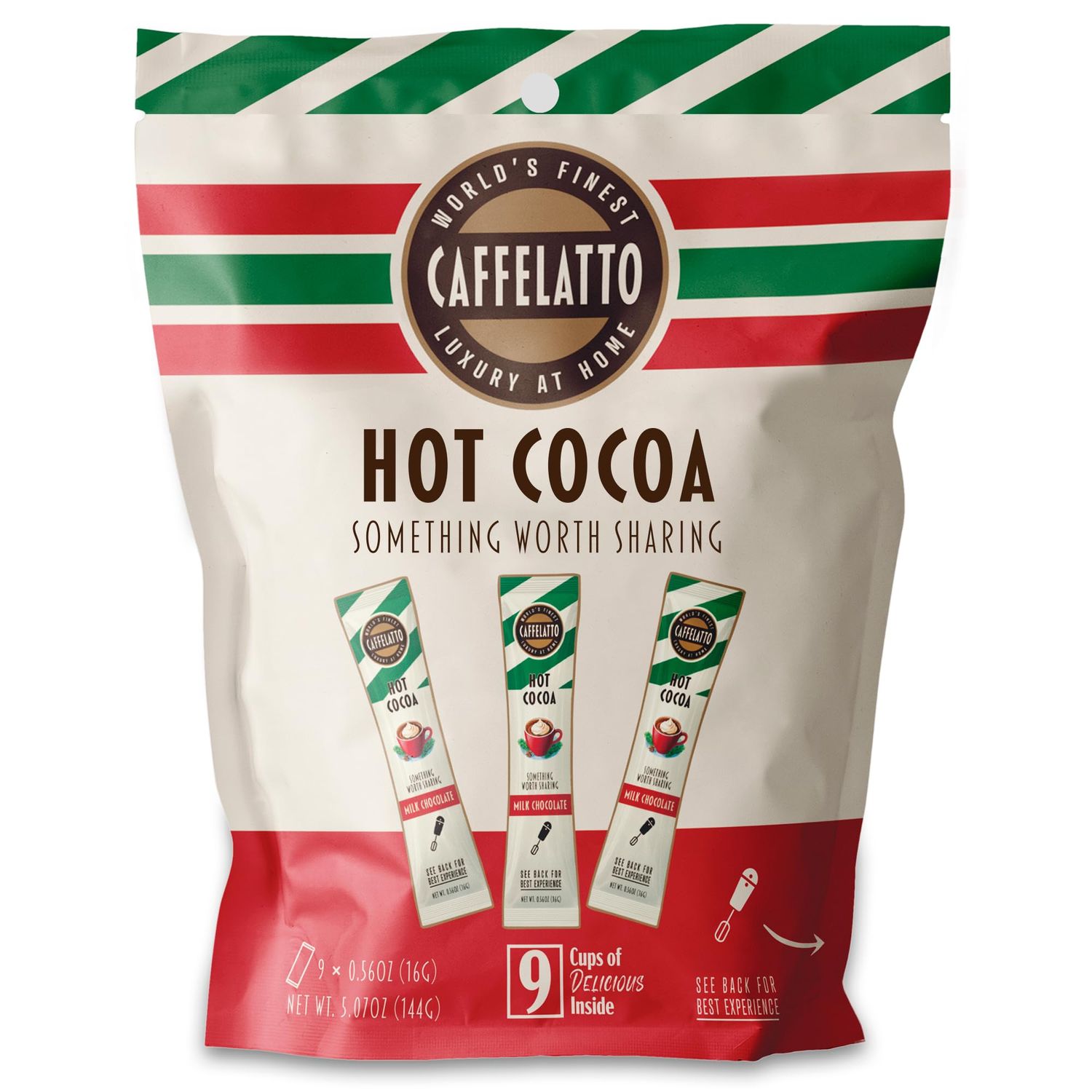 Caffelatto Milk Chocolate Hot Cocoa, Gourmet Single Serve Sticks for Milk Frothers, Hot Chocolate, Christmas Holiday Gift, 9 Count