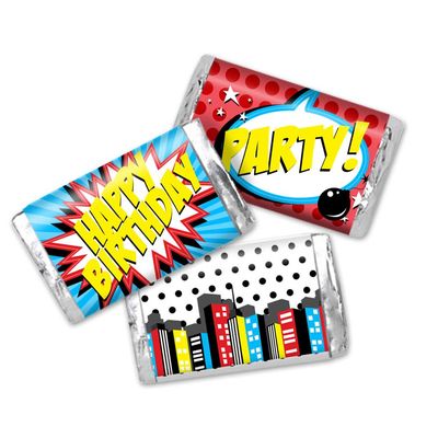 Super Hero Comic Book Birthday Mini Chocolate Candy Bar Sticker Wrappers for Kids, 45 1.4 x 2.6 Wrap Around Labels by AmandaCreation, Great for Party Favors