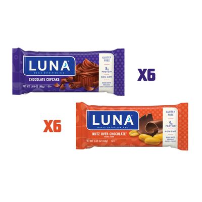 LUNA Bar - Variety Pack - Nutz Over Chocolate and Chocolate Cupcake - Gluten-Free - Non-GMO - 8-9g Protein - Made with Organic Oats - Low Glycemic - 1.69 oz. (12 Count)